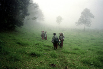 Walking through the mountains towards the site of a clandestine cemetery where an exhumation is underway. Nebaj, 2000